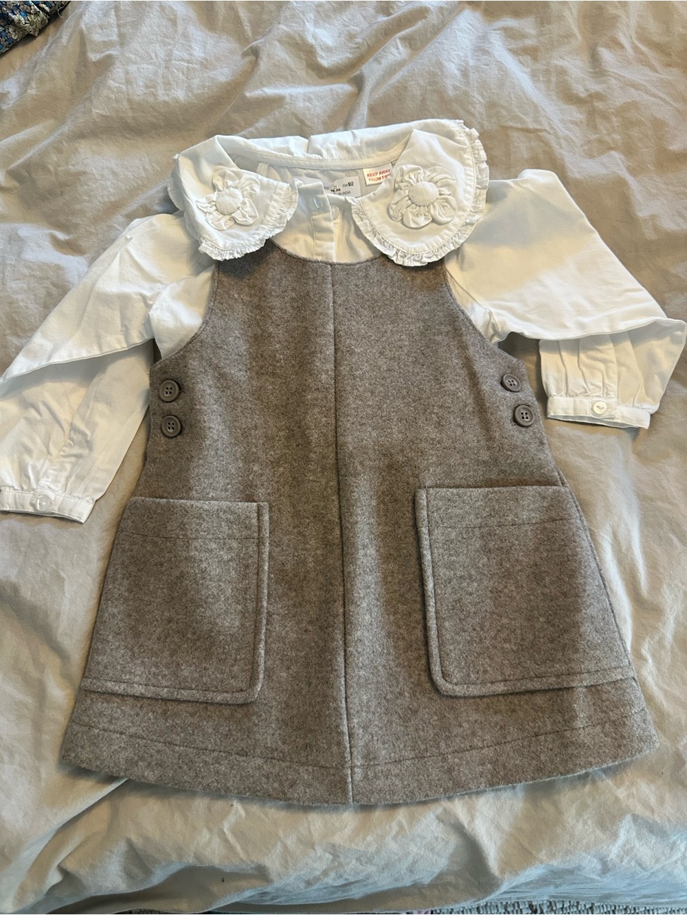 Zara Grey Pinafore Dress with White Floral-Collar Blouse. Two pieces